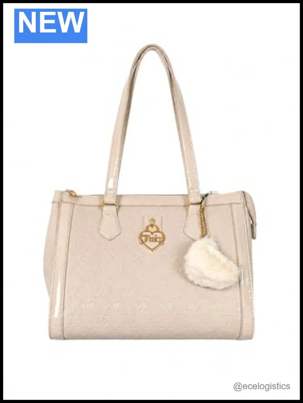 Embossed Faux Leather Satchel Shoulder Bag with Faux Fur Charm